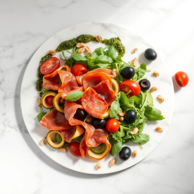 Salade de courgettes poêlées, jambon cru et pesto