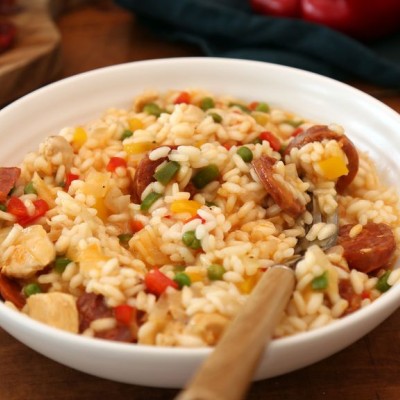 Risotto crémeux au poulet et chorizo