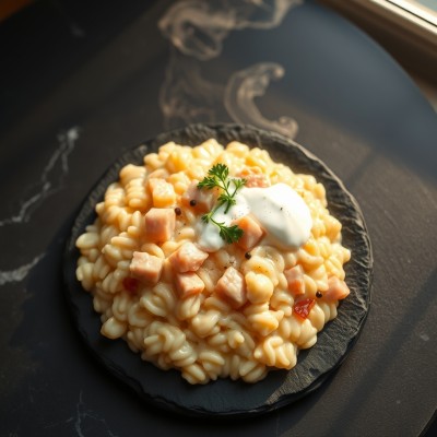 Risotto crémeux aux coquillettes et jambon