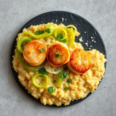 Risotto crémeux aux Saint-Jacques et poireaux