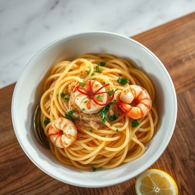 Spaghetti à l'ail et aux crevettes