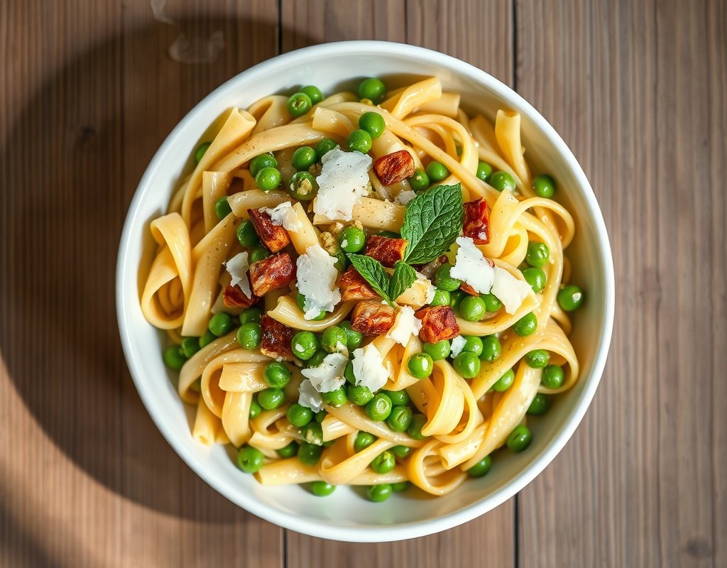 Pâtes aux petits pois et lardons