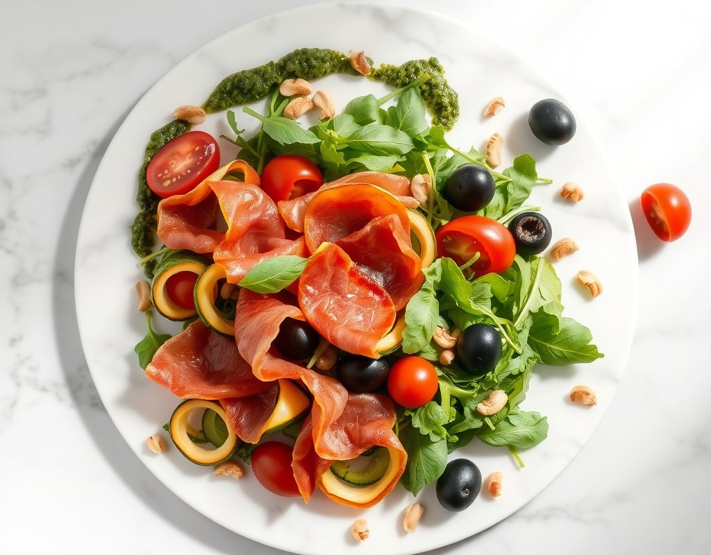 Salade de courgettes poêlées, jambon cru et pesto