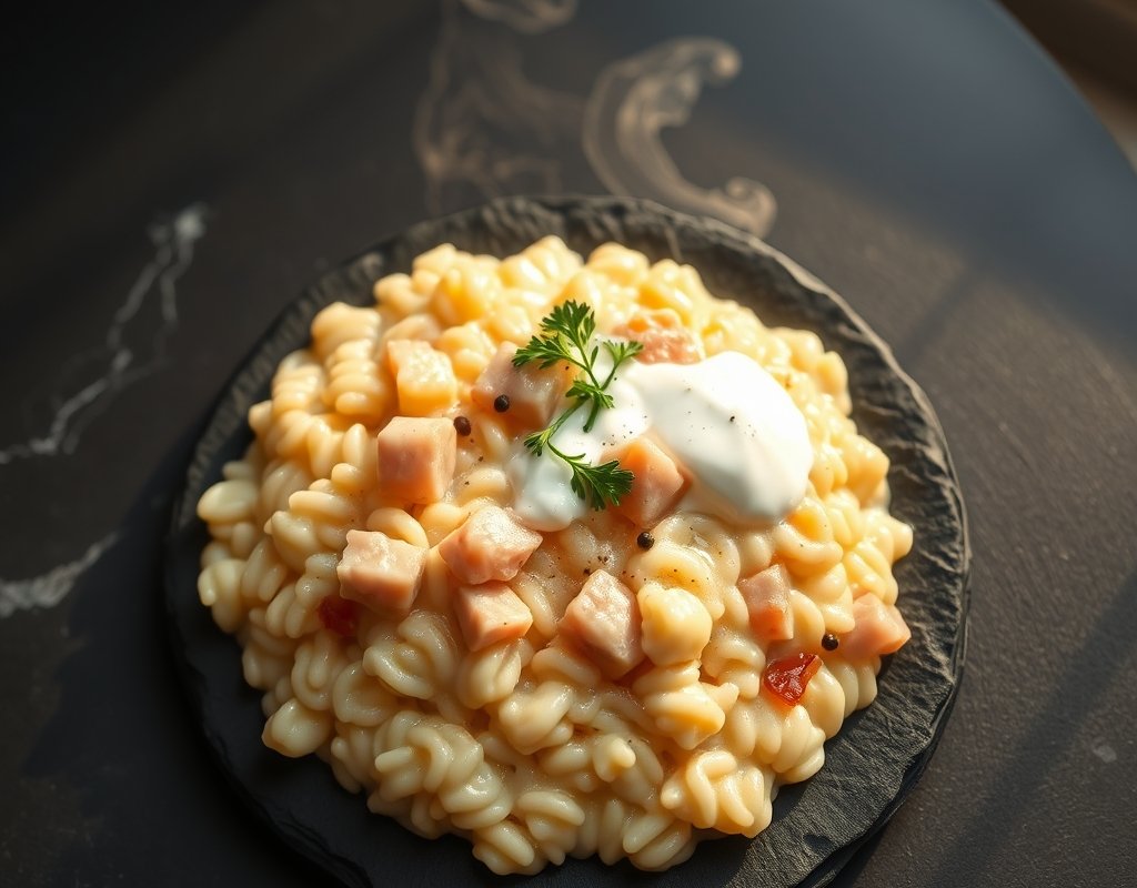 Risotto crémeux aux coquillettes et jambon
