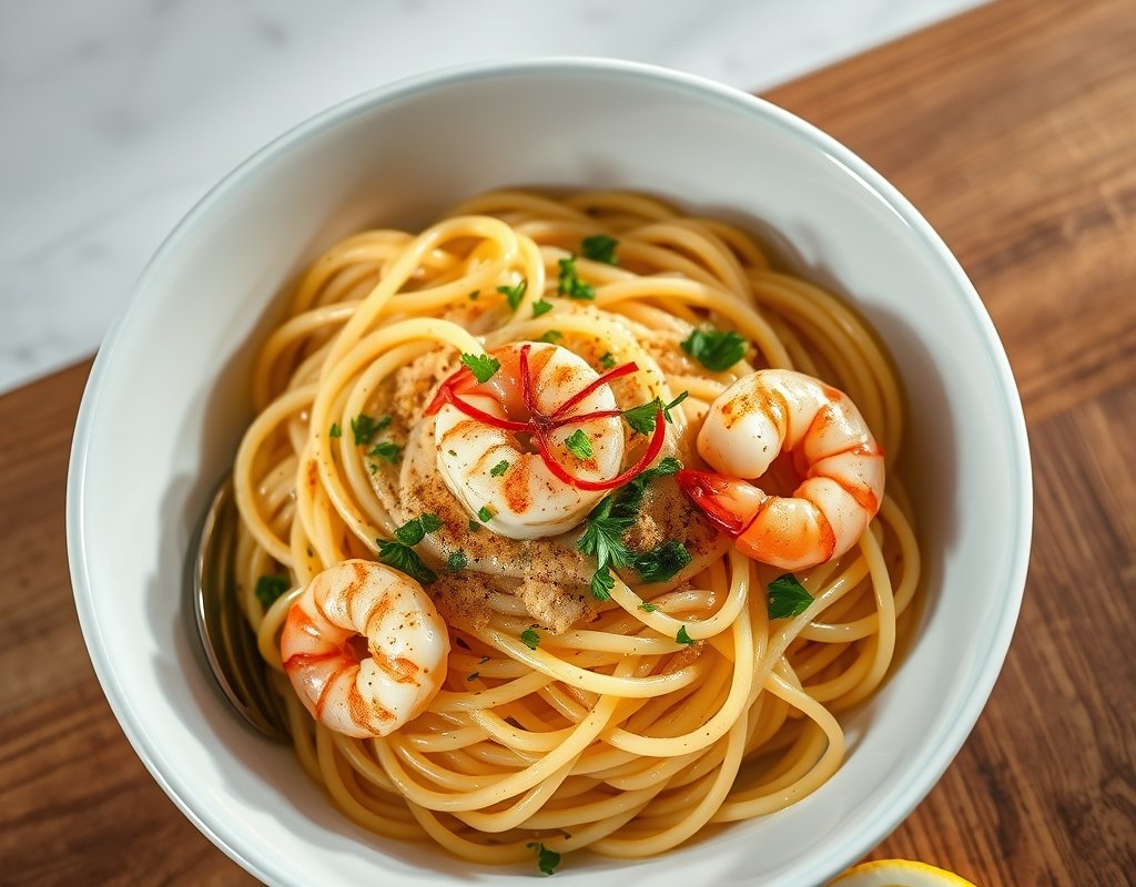 Spaghetti à l'ail et aux crevettes